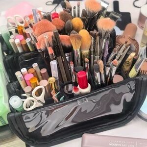 Black Fabric & PVC Large Standing Adjustable Makeup Brush Organizer Pouch Bag